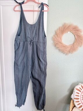 EARTHBOUND Blue-Gray Striped Tie-Shoulder Jumpsuit